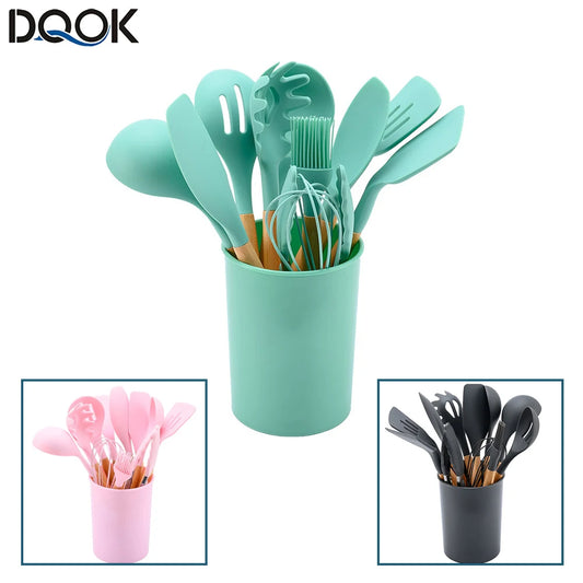 Silicone Non-stick Kitchenware Utensils Set with Wooden Handles