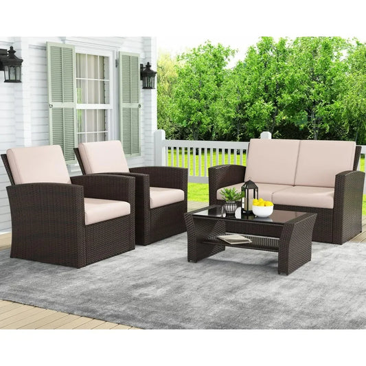 Wicker 4 Piece Outdoor Patio Furniture Sets with Cushions