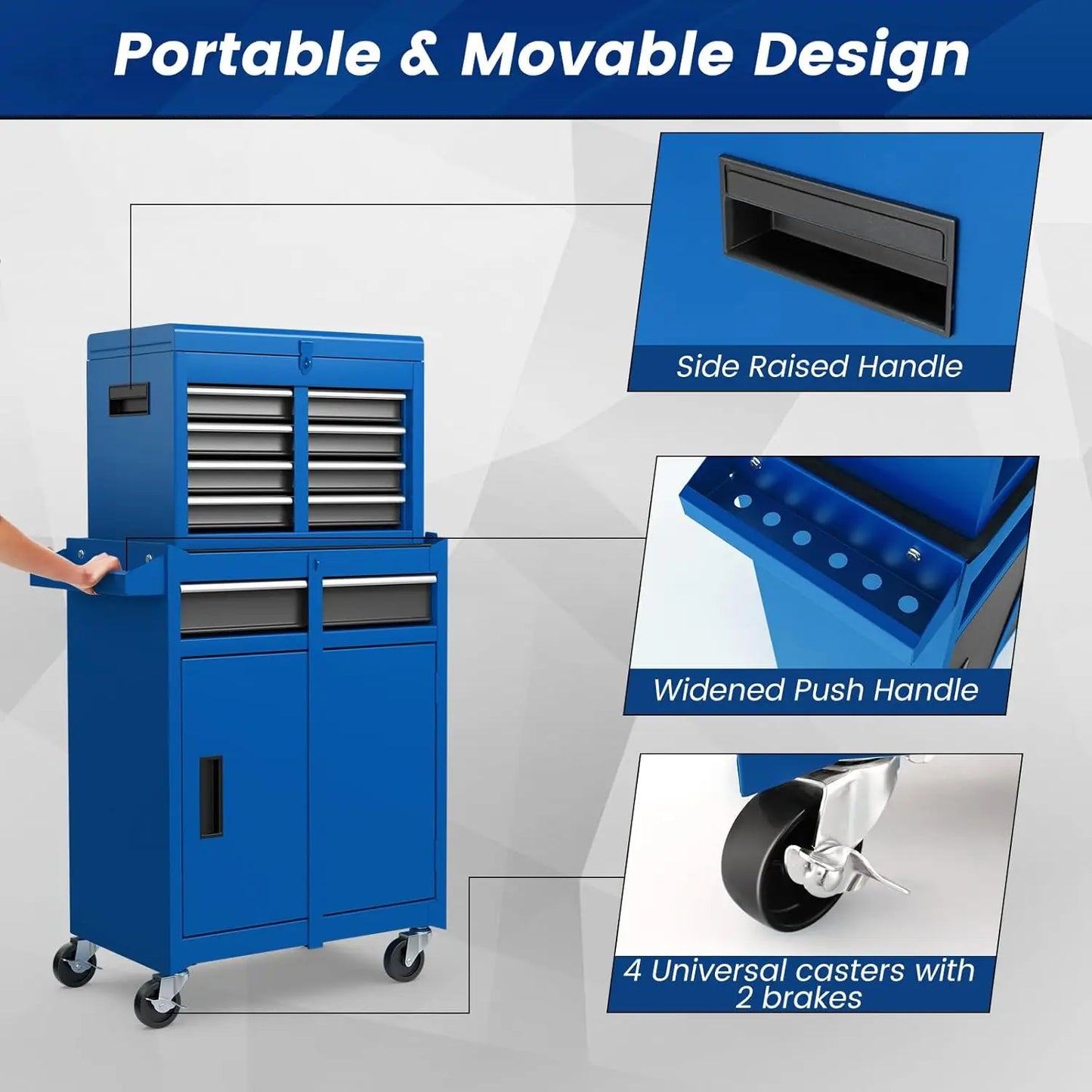 Heavy Duty Rolling Lockable Tool Chest with Cabinet  and 5-Drawers