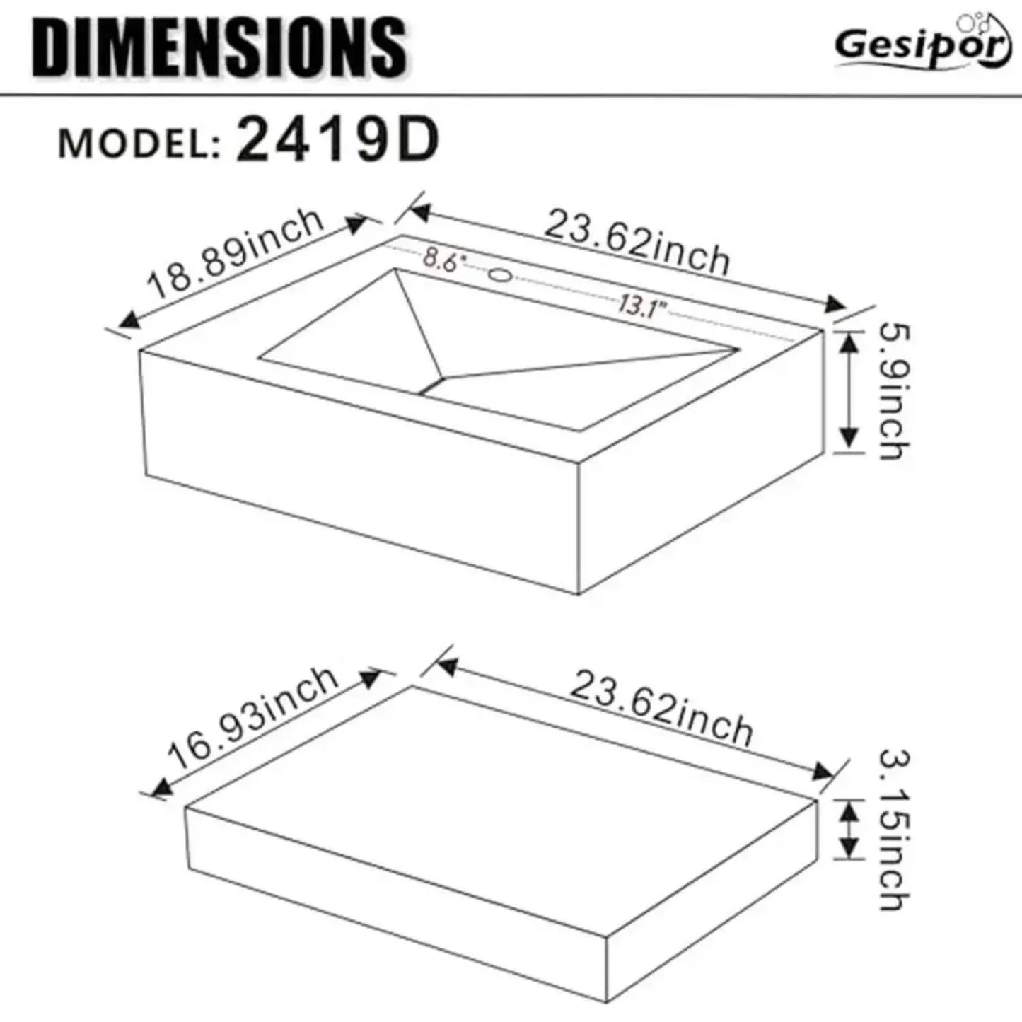 Modern Stone Resin Wall-Mount Rectangular Bathroom Sink and Floating Shelf