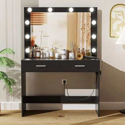 Black Makeup Vanity with Large Lighted Mirror