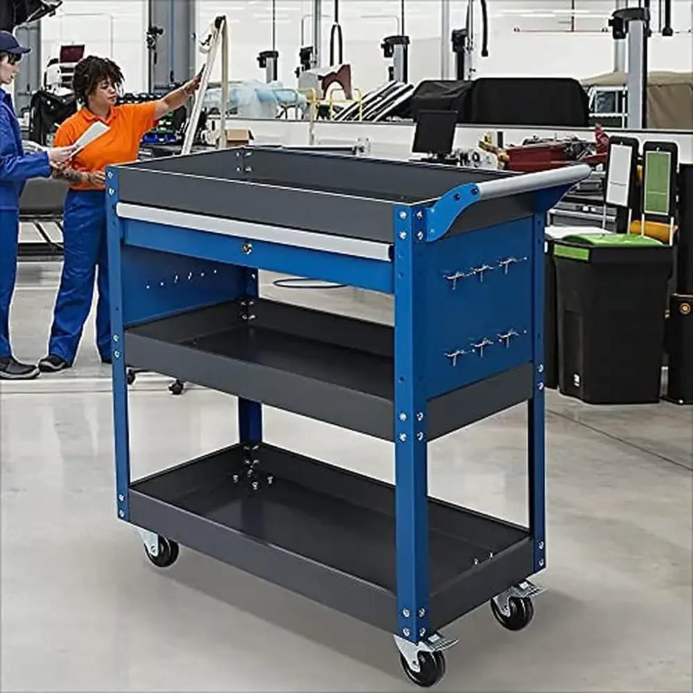 3 Tier Rolling Tool Cart with Large Storage Drawers and  Pegboard Hooks