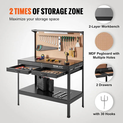 Heavy Duty Steel Work Bench with Weight Capacity of 220 pounds and 0.47" bench top thickness for Garage