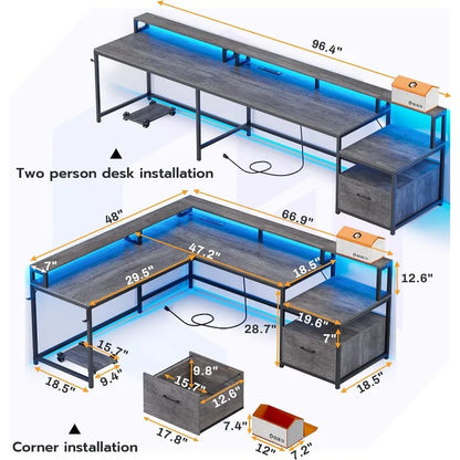 L Shaped Office or Home Desks with File Drawer, Power Outlet and LED Lights