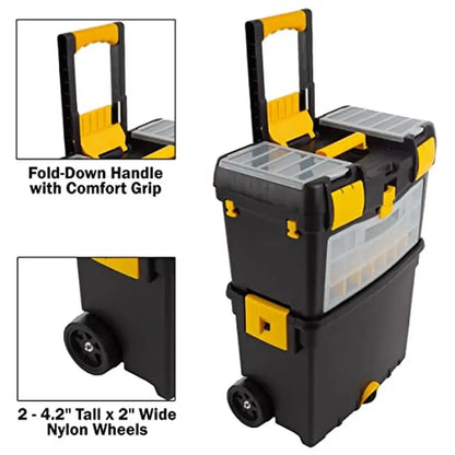 Portable Rolling Toolbox with Foldable Handle & Removable Top Tool Storage Box