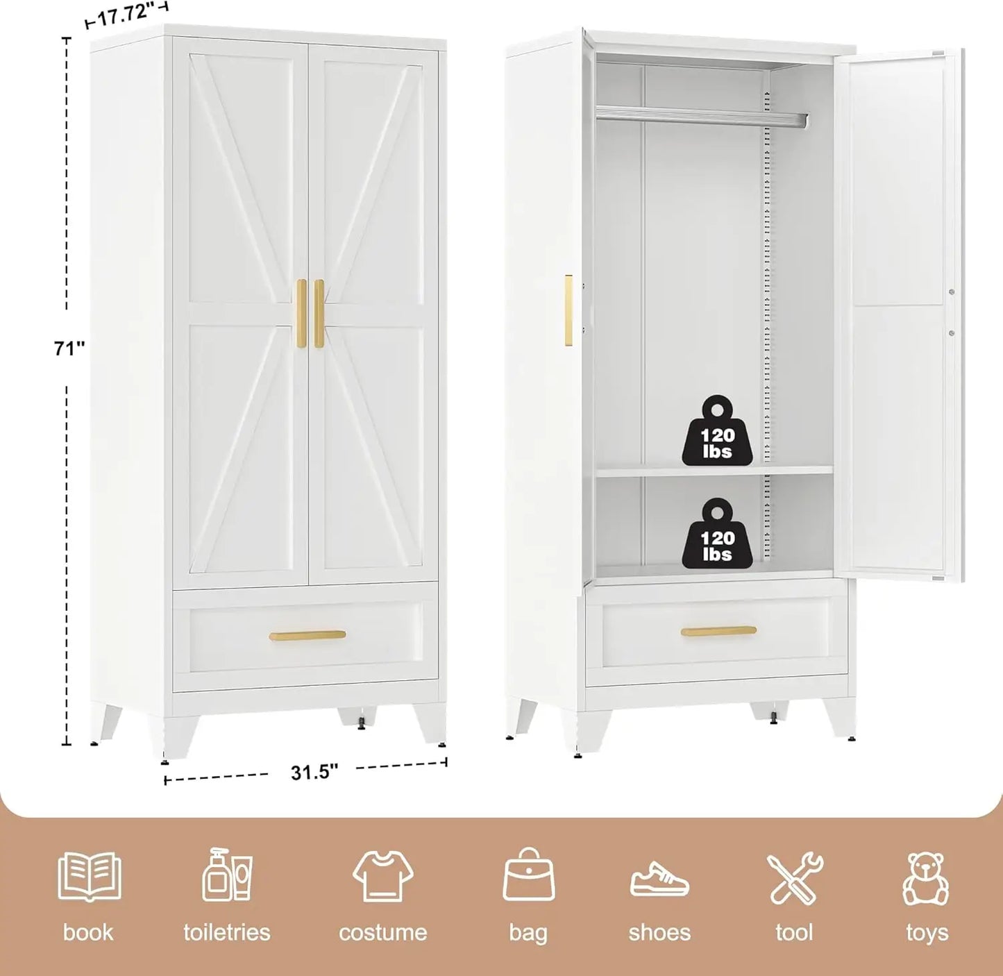 2 Doors, 71"  Metal Wardrobe Cabinet with Drawer and Hanging Rod