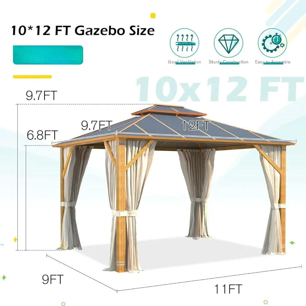 Hardtop Wooden Finish Coated Aluminum 10x12FT Patio Gazebo Includes Curtains