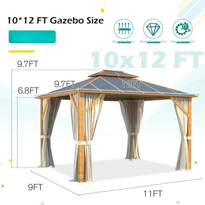 Hardtop Wooden Finish Coated Aluminum 10x12FT Patio Gazebo Includes Curtains