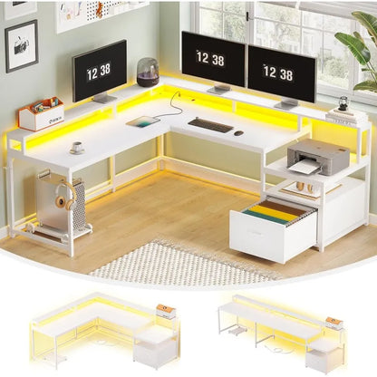 L Shaped Office or Home Desks with File Drawer, Power Outlet and LED Lights