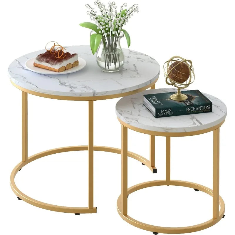 Set of 2 Side Set Golden Frame Circular and Marble Pattern Wooden Tables