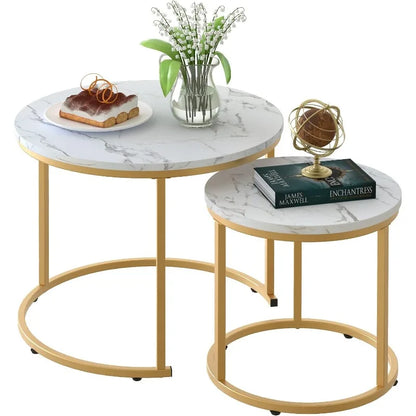 Set of 2 Side Set Golden Frame Circular and Marble Pattern Wooden Tables