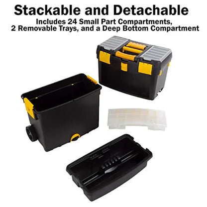 Portable Rolling Toolbox with Foldable Handle & Removable Top Tool Storage Box