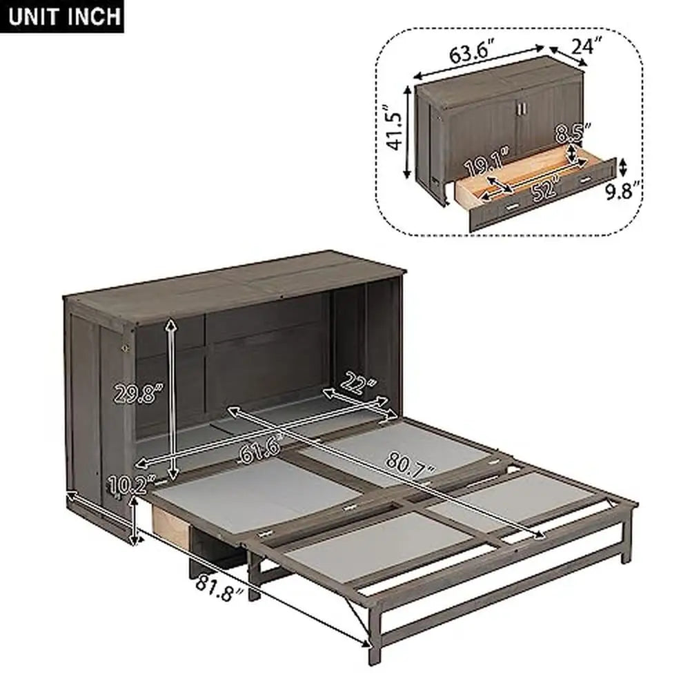 Queen Murphy Bed Cabinet with Storage Drawer and Charging Station.