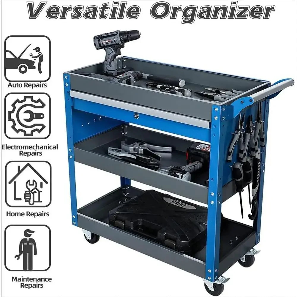 3 Tier Rolling Tool Cart with Large Storage Drawers and  Pegboard Hooks