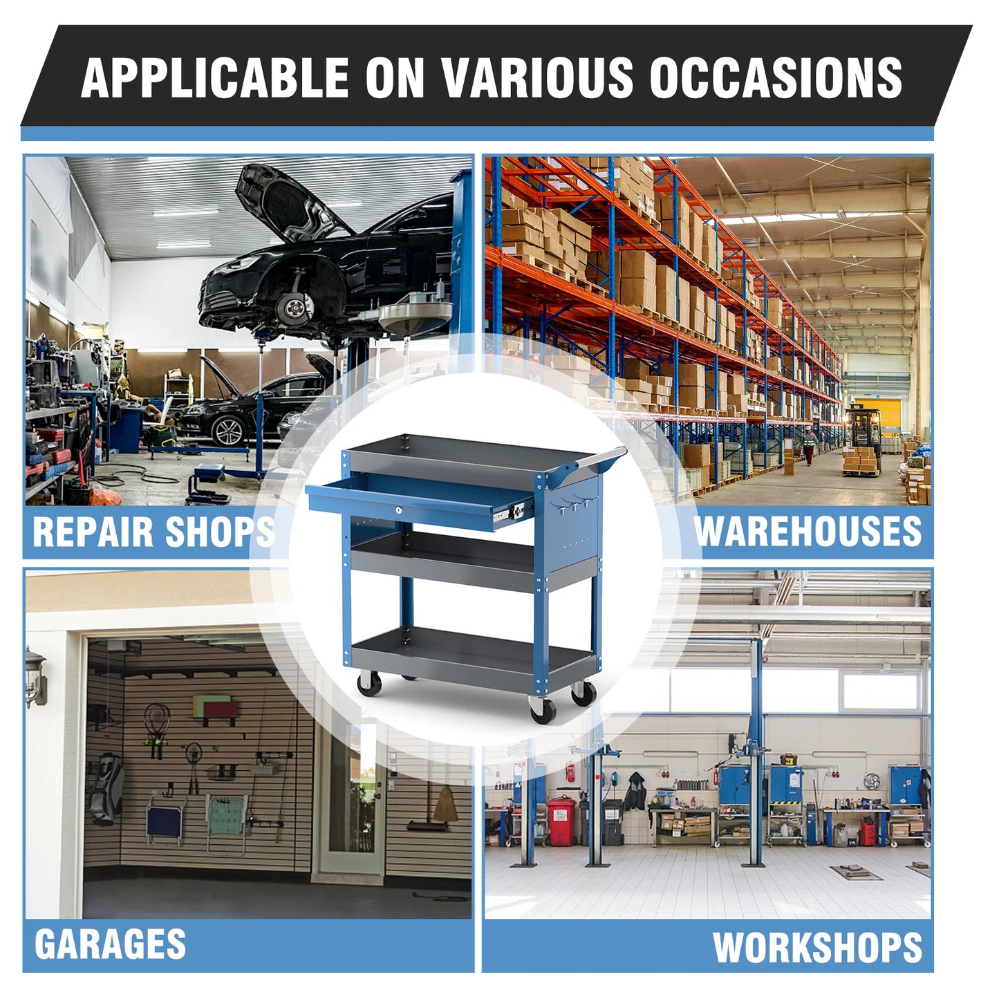 Blue 3 Tier Rolling Tool storage Cart on Wheels with a 440 LBS Capacity.