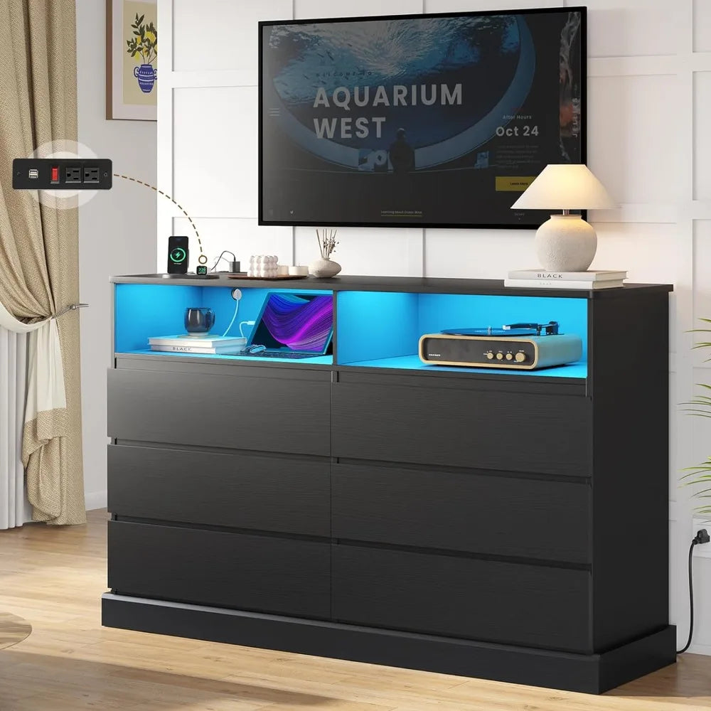 Black 51.2" Long Dresser with LED Lights and Charging Station