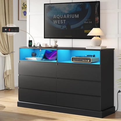 Black 51.2" Long Dresser with LED Lights and Charging Station