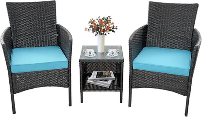 Rattan Wicker 3-Piece Furniture Chair and Table Set