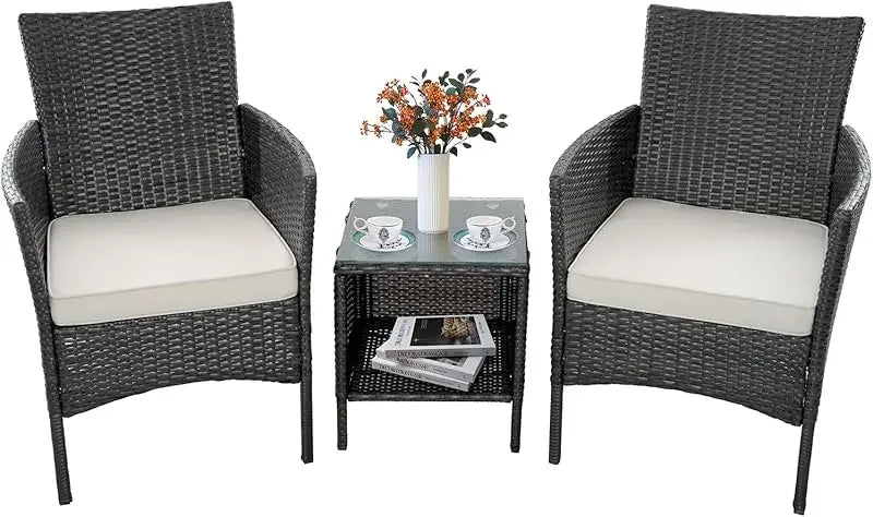 Rattan Wicker 3-Piece Furniture Chair and Table Set