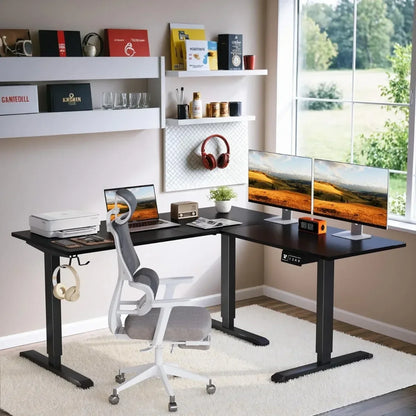 L-Shaped Adjustable Electric Standing Computer Workstation, 63 x 55 Inches Height