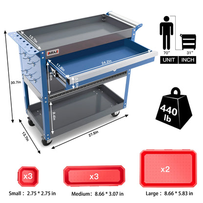 Blue 3 Tier Rolling Tool storage Cart on Wheels with a 440 LBS Capacity.