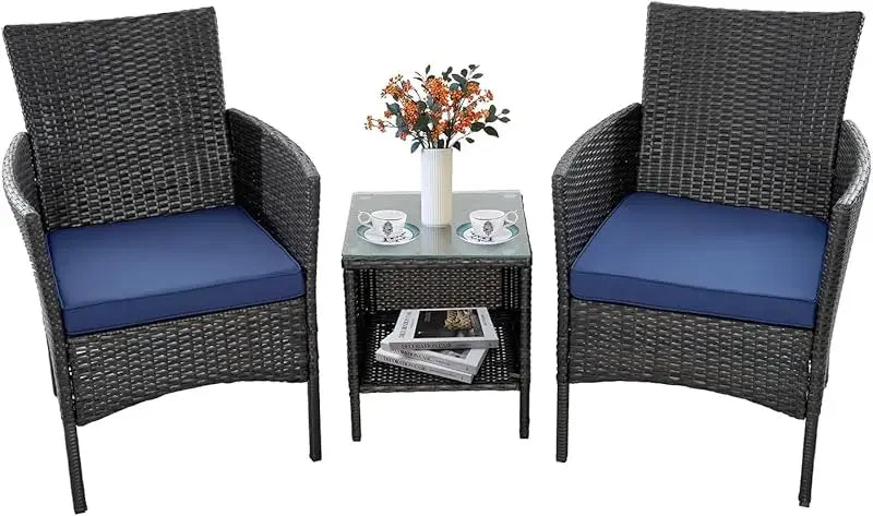 Rattan Wicker 3-Piece Furniture Chair and Table Set