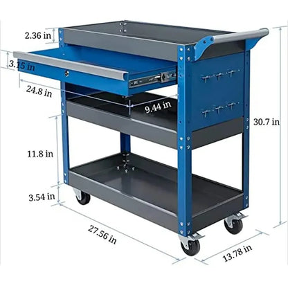 3 Tier Rolling Tool Cart with Large Storage Drawers and  Pegboard Hooks