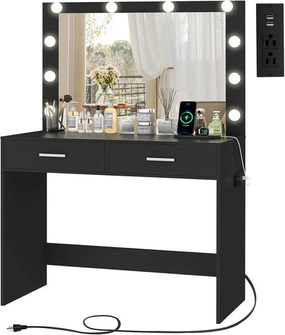 Black Makeup Vanity with Large Lighted Mirror