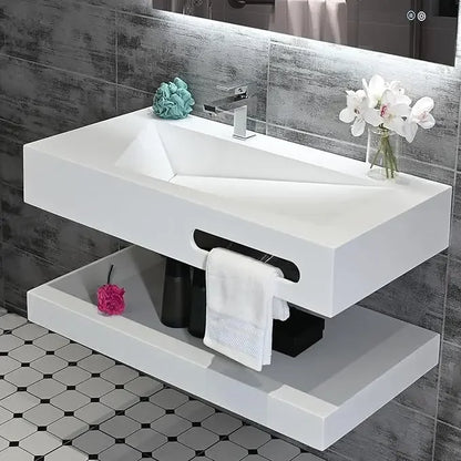 Modern Stone Resin Wall-Mount Rectangular Bathroom Sink and Floating Shelf