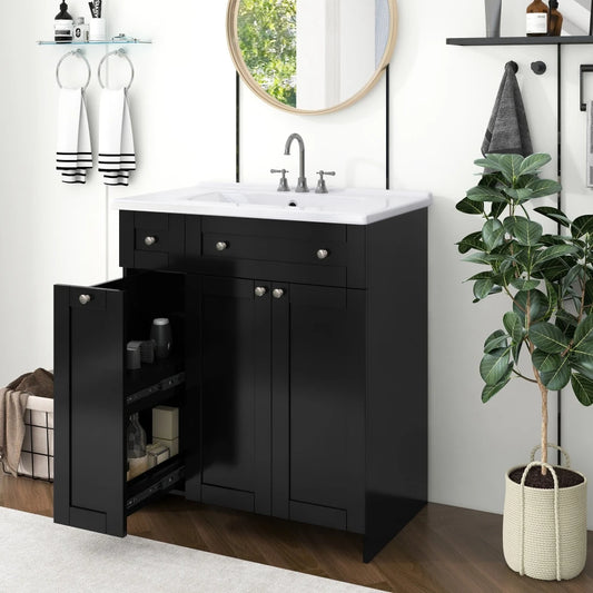 30-Inch Black Bathroom Vanity with Ceramic Sink Combo which includes 2 Soft-close Doors and Double-tier Deep Drawer