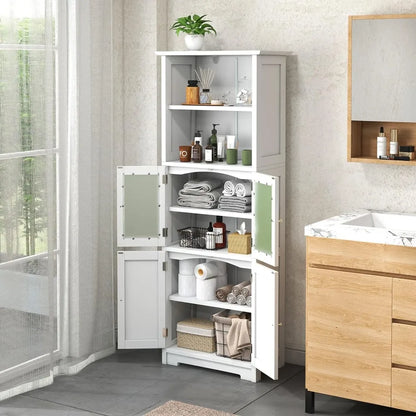 Tall Freestanding Floor Bathroom Storage Cabinet w/2 Glass Doors & 2 Open Shelves