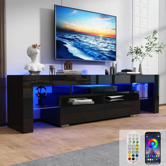 Modern 63in High Gloss LED Entertainment Center with Storage Drawer