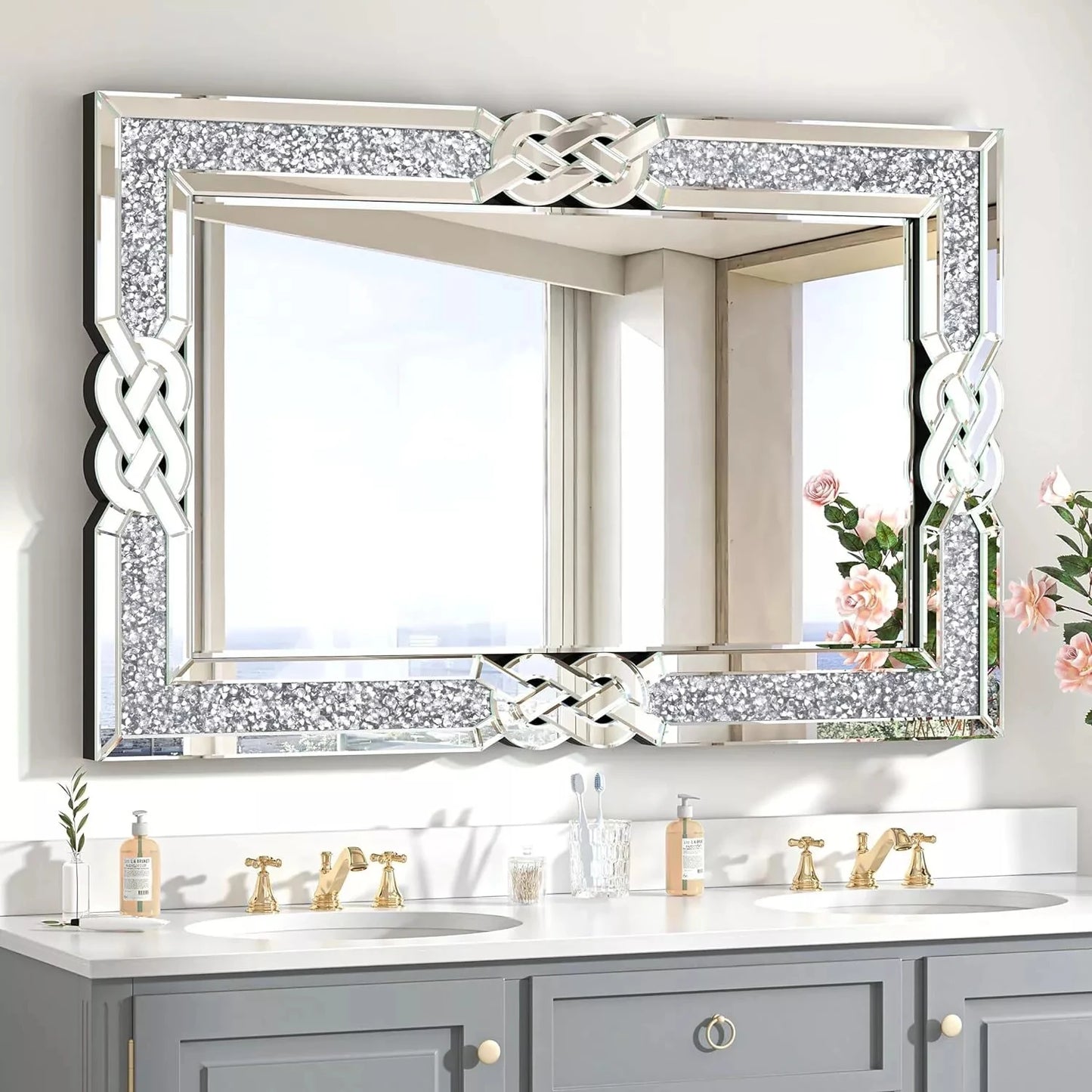 Rectangular Crushed Diamond Crystal Frame Edge Wall Mirror