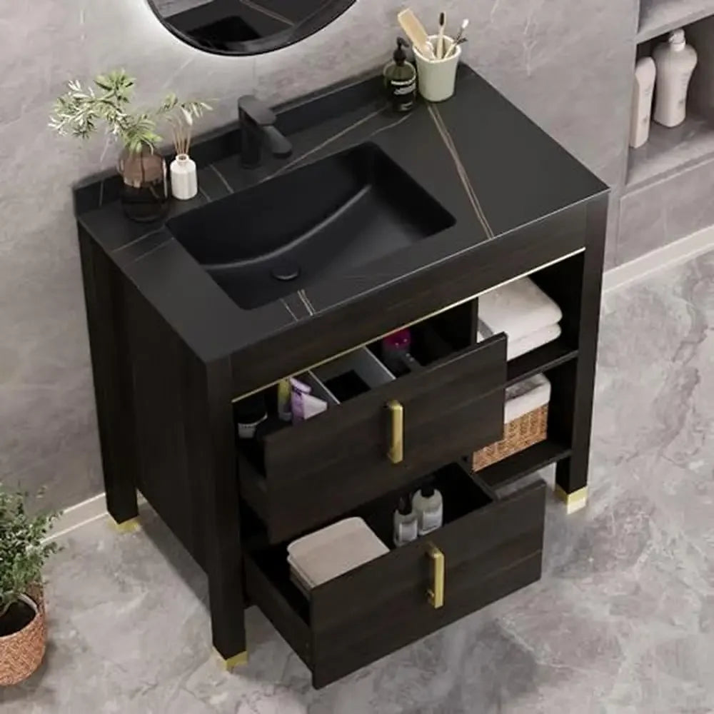 Freestanding Bathroom Vanity Combo with Sintered Stone Countertop & Acrylic Basin plus storage.