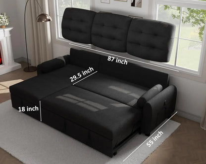 87" Sectional Sofa Sleeper with Reversible Storage Chaise and Side Pockets