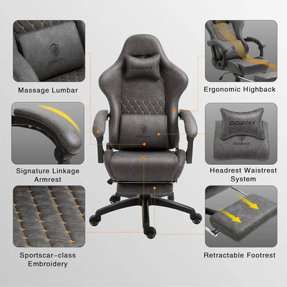 Leather High Back Gaming Office Chair with Massage Lumbar Support and Footrest