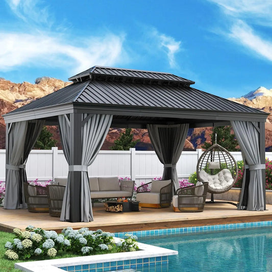 12' X 16' Permanent Hardtop Aluminum Gazebo with Galvanized Steel Double Roof.