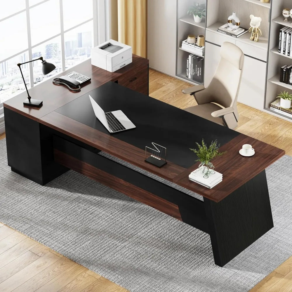 Large L-Shaped Executive Desk with Drawers and Lateral File Cabinet