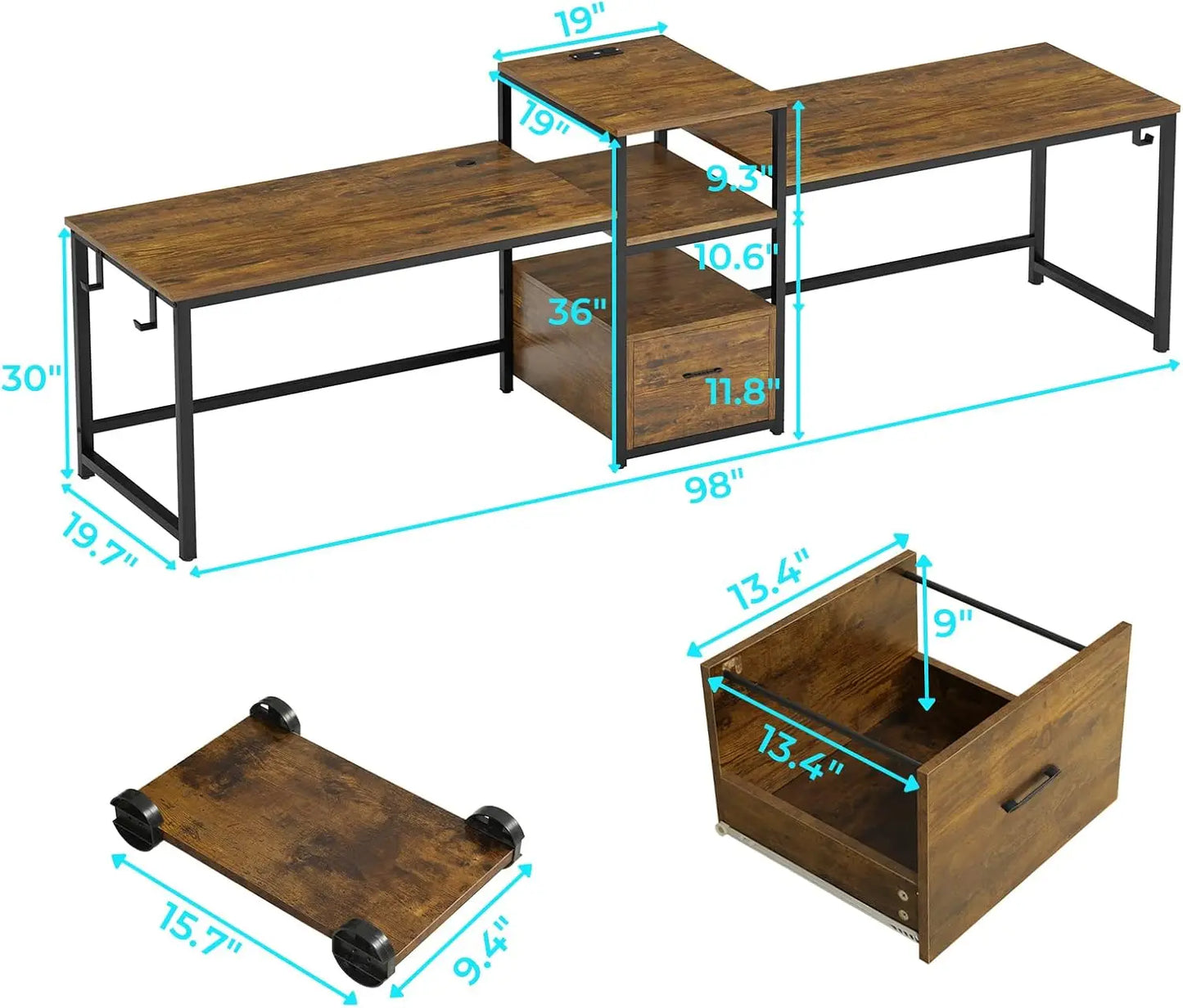 98" Long 2 Person  Home Office Computer Desk with Letter A4 File Drawer