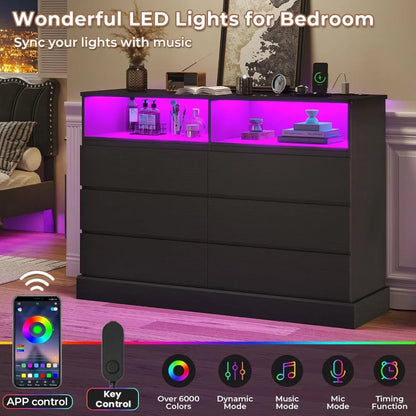 Black 51.2" Long Dresser with LED Lights and Charging Station