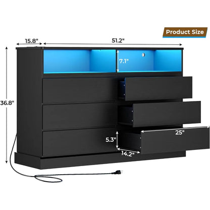 Black 51.2" Long Dresser with LED Lights and Charging Station