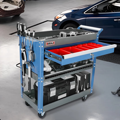 Blue 3 Tier Rolling Tool storage Cart on Wheels with a 440 LBS Capacity.