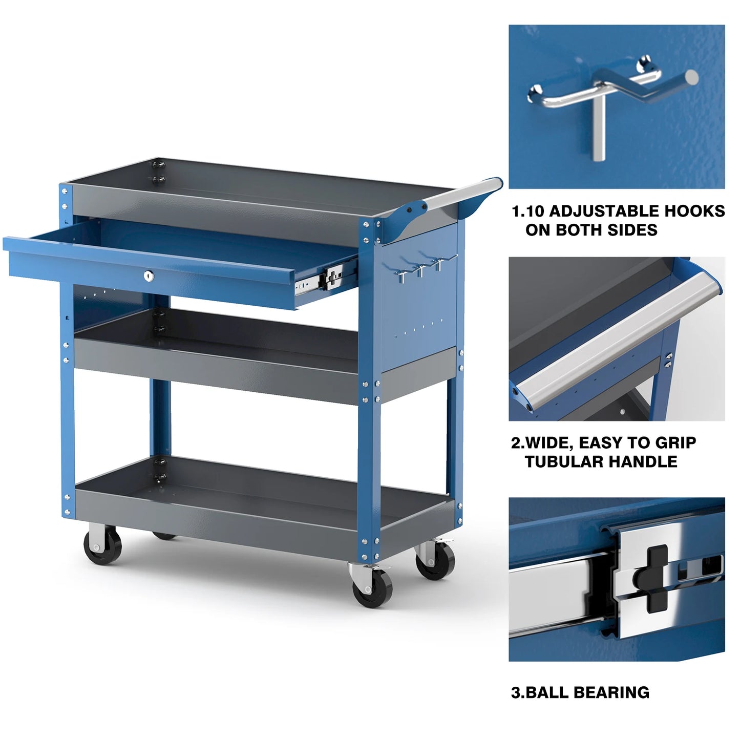 Blue 3 Tier Rolling Tool storage Cart on Wheels with a 440 LBS Capacity.