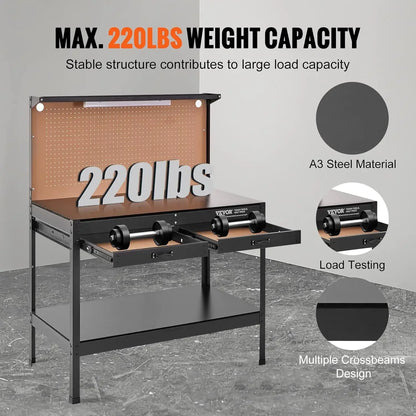 Heavy Duty Steel Work Bench with Weight Capacity of 220 pounds and 0.47" bench top thickness for Garage