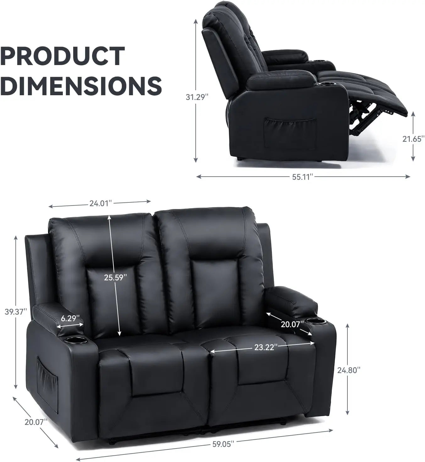 Black Bonded Leather Recliner Sofa Furniture Set