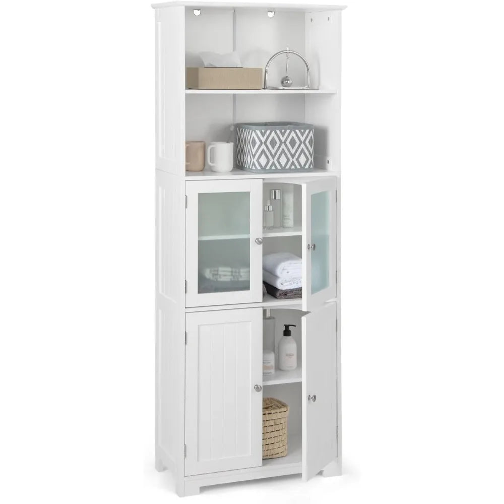 Tall Freestanding Floor Bathroom Storage Cabinet w/2 Glass Doors & 2 Open Shelves