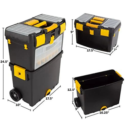 Portable Rolling Toolbox with Foldable Handle & Removable Top Tool Storage Box