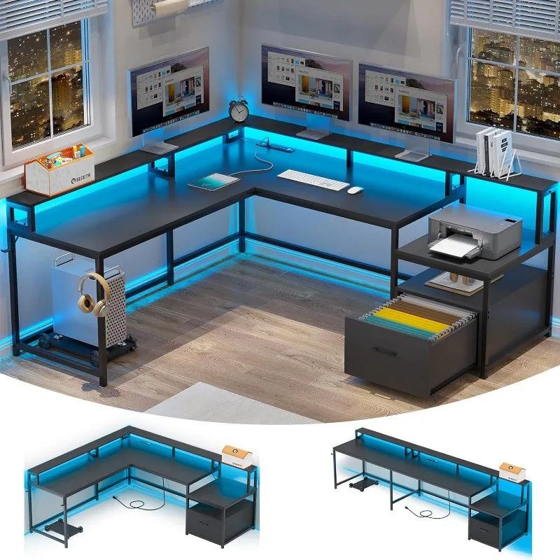 L Shaped Office or Home Desks with File Drawer, Power Outlet and LED Lights