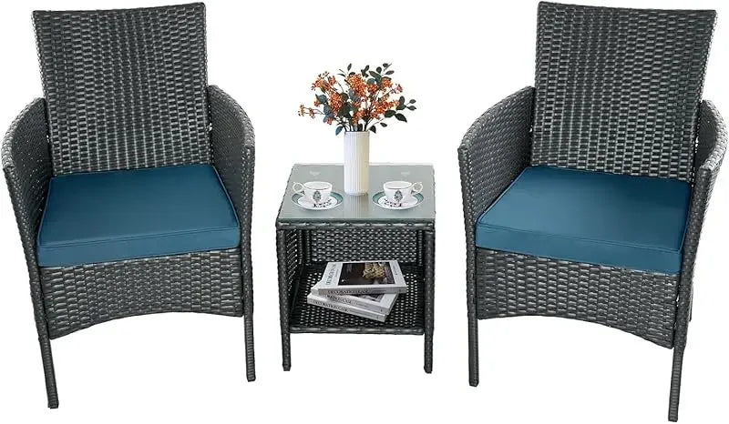 Rattan Wicker 3-Piece Furniture Chair and Table Set