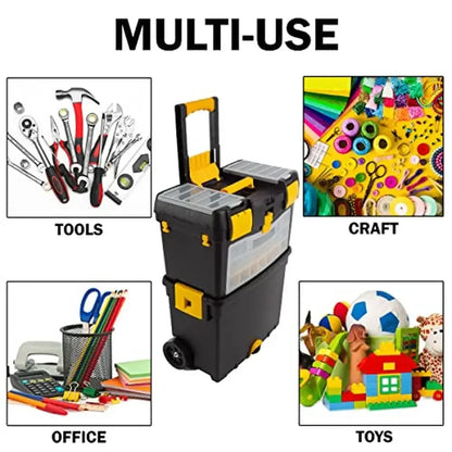 Portable Rolling Toolbox with Foldable Handle & Removable Top Tool Storage Box